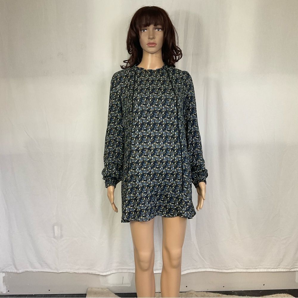 Zara Boho 70’s Inspired Blue Floral Long Sleeve Tassel Back Mini Tunic Dress S - Picture 3 of 9